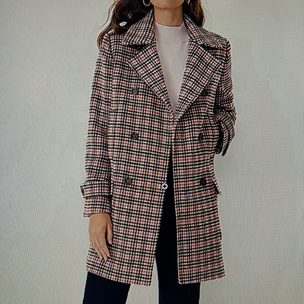 Like New Ann Taylor Chocolate Espresso/Pink Houndstooth Wool Blend Peacoat